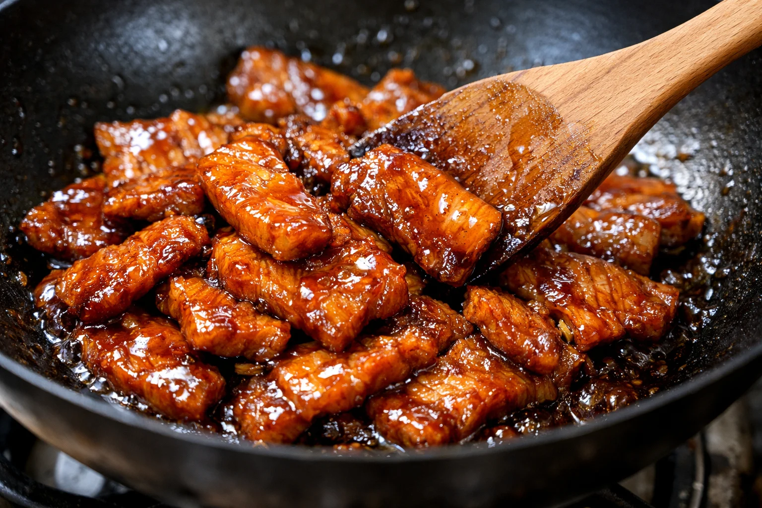 Tranches de porc remises dans le wok avec la sauce caramélisée brillante, spatule les retournant pour les napper uniformément