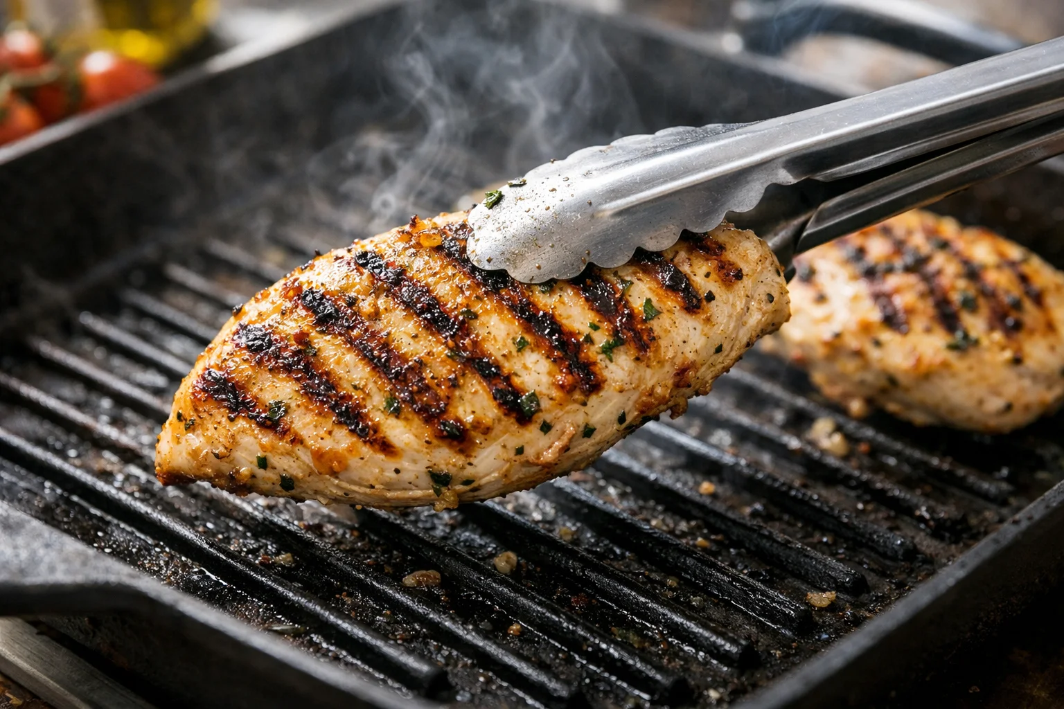 Blancs de poulet marinés grillant dans une poêle grill striée, belles marques de grill dorées visibles, pince retournant un blanc