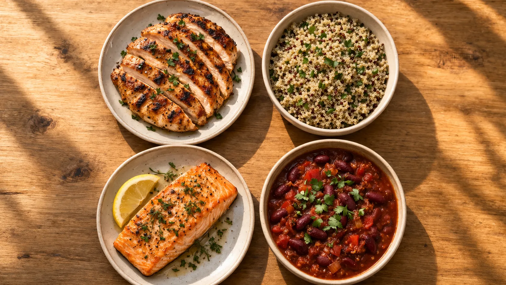 Assortiment de repas protéinés dans des bols et assiettes sur une table en bois : poulet grillé, bol de quinoa aux légumes, filet de saumon et chili aux haricots rouges