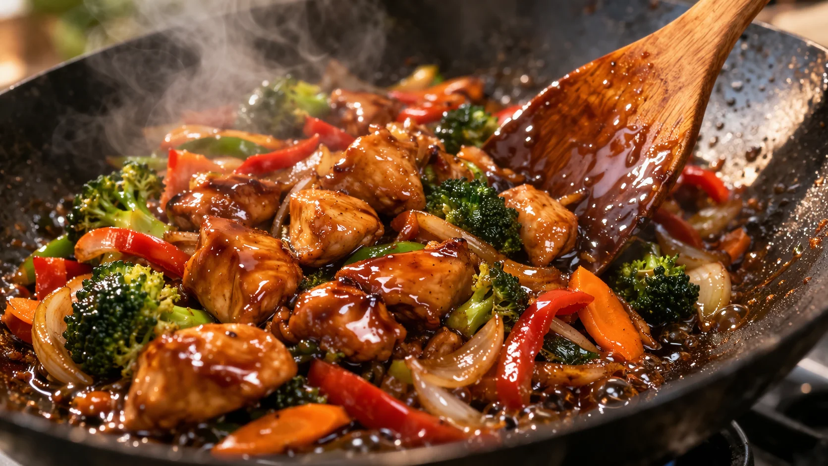 Poulet teriyaki et légumes nappés de sauce brillante en train de réduire dans le wok, vapeur visible et couleur caramélisée appétissante