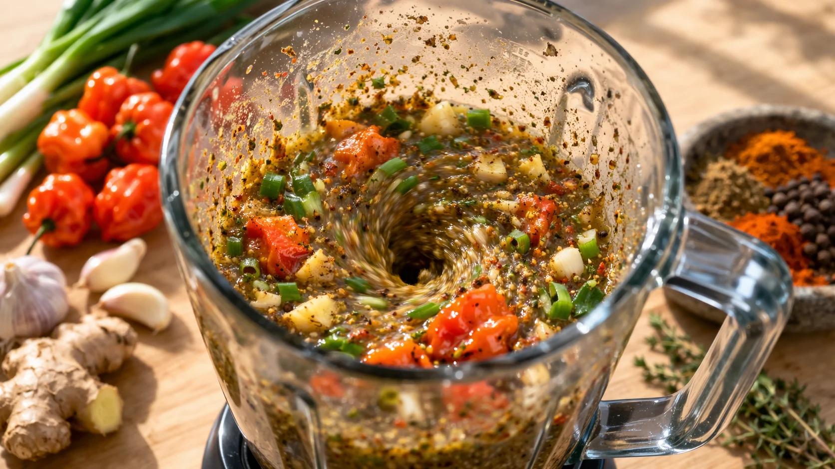 Blender contenant tous les ingrédients de la marinade jerk jamaïcaine, piments et épices visibles, plan de travail en bois clair