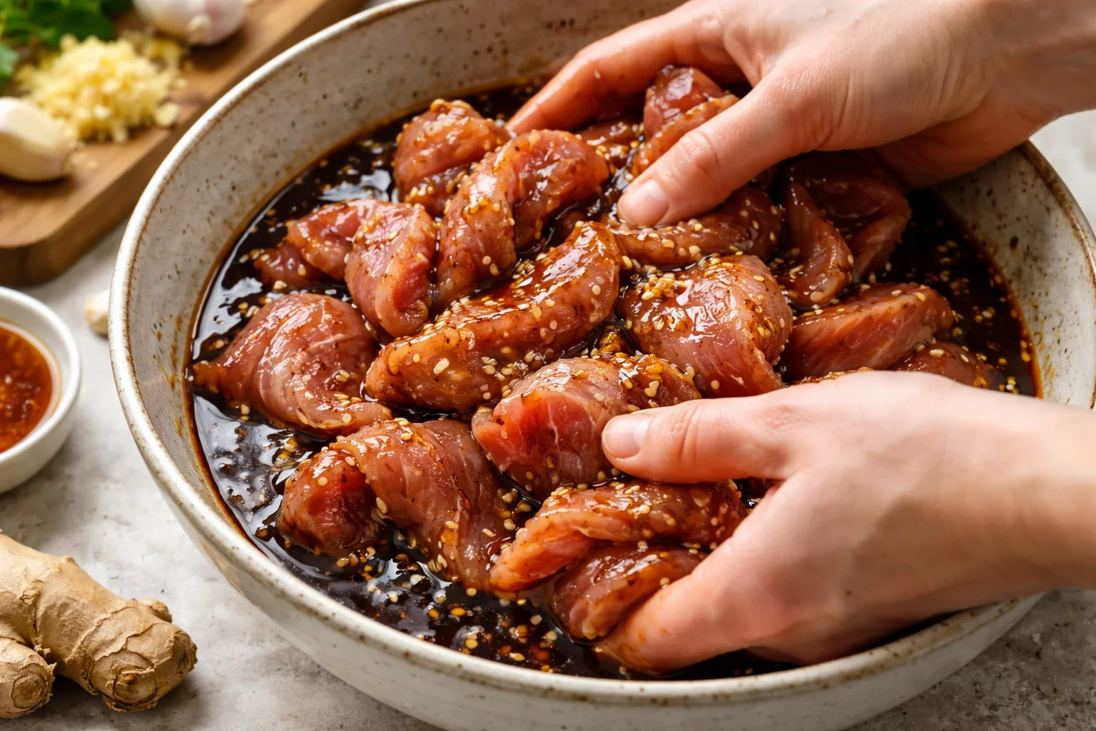Tranches de filet de porc en train d'être enrobées de marinade soja-miel-gingembre dans un bol, mains mélangeant la viande