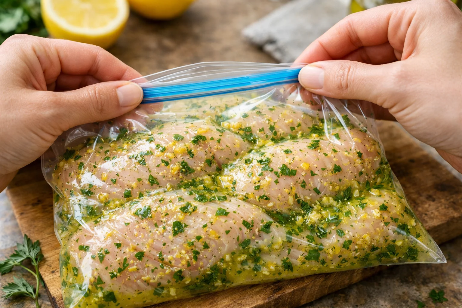 Blancs de poulet plongés dans la marinade citron-herbes verte dans un sac de congélation, mains pressant pour enrober la viande