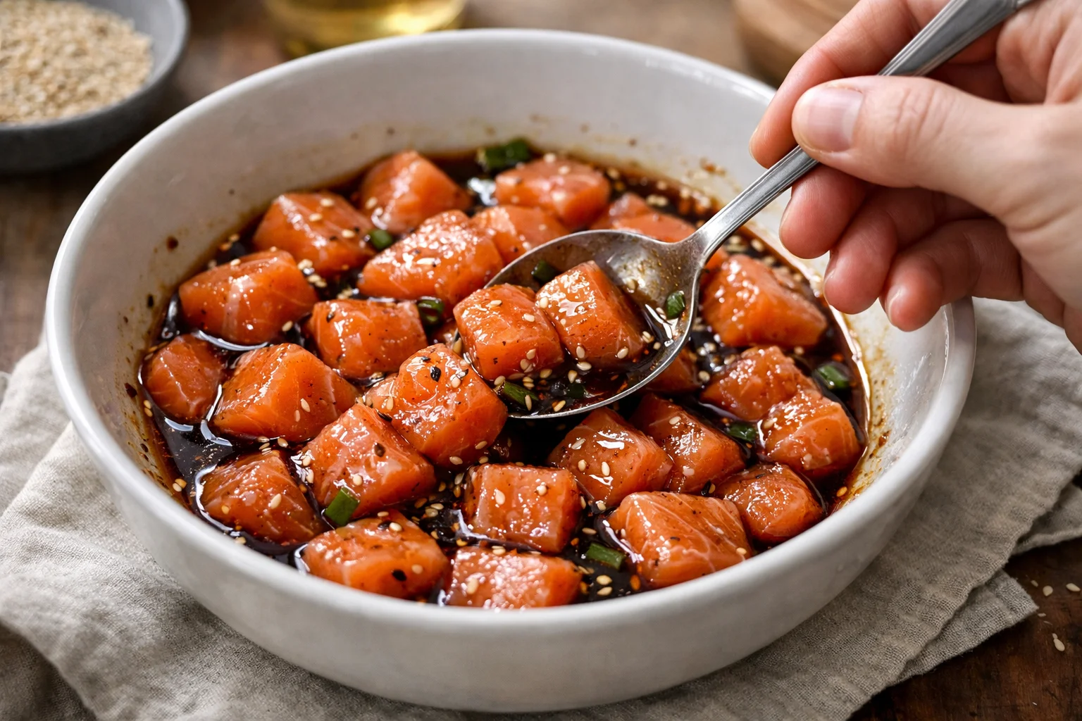 Cubes de saumon cru rose en train d'être mélangés délicatement à la marinade sauce soja-sésame dans un bol, sauce brillante visible