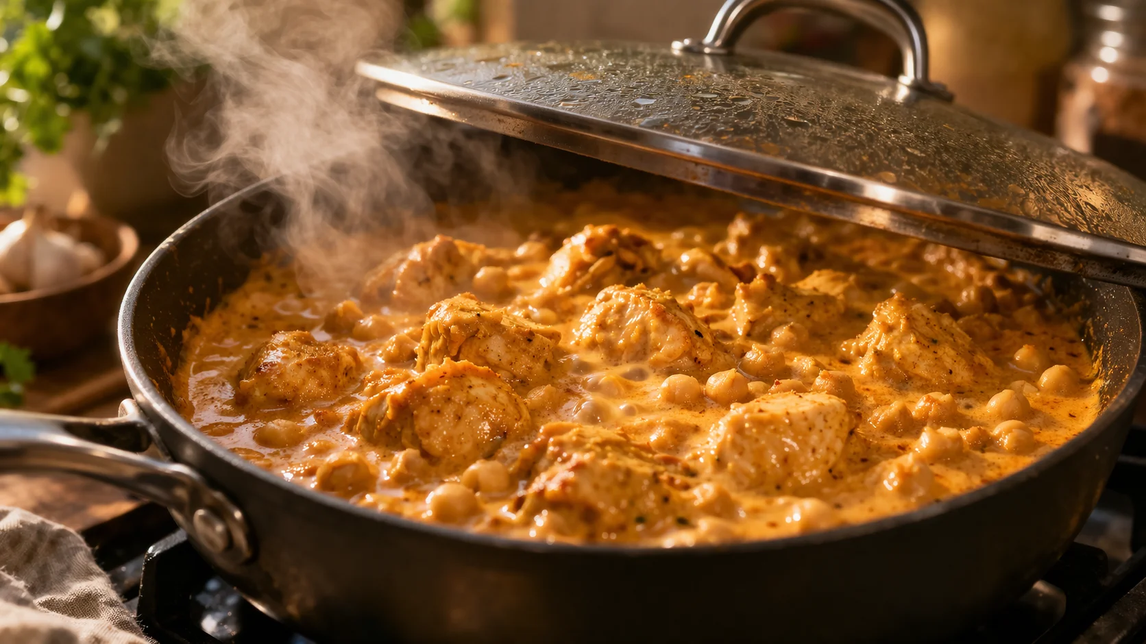 Curry de poulet aux pois chiches mijotant dans la sauteuse couverte, morceaux de poulet et pois chiches dans la sauce orange crémeuse, vapeur visible