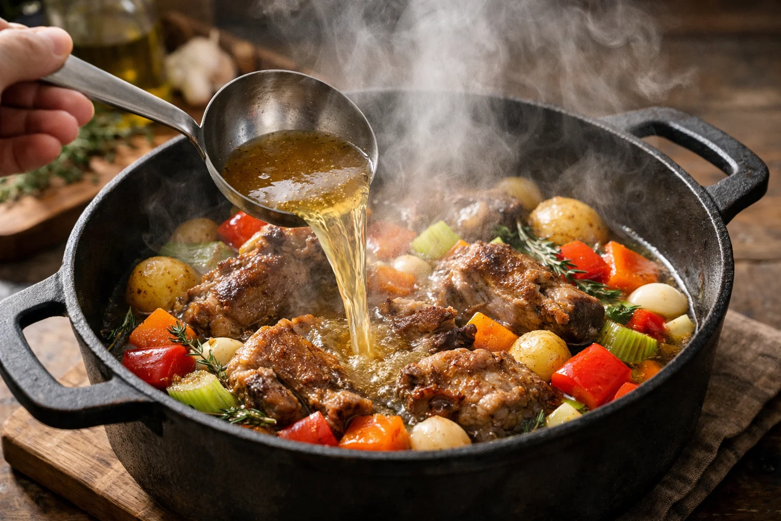 Cocotte couverte sur feu doux avec vapeur qui s'échappe légèrement du couvercle, tajine en cours de mijotage