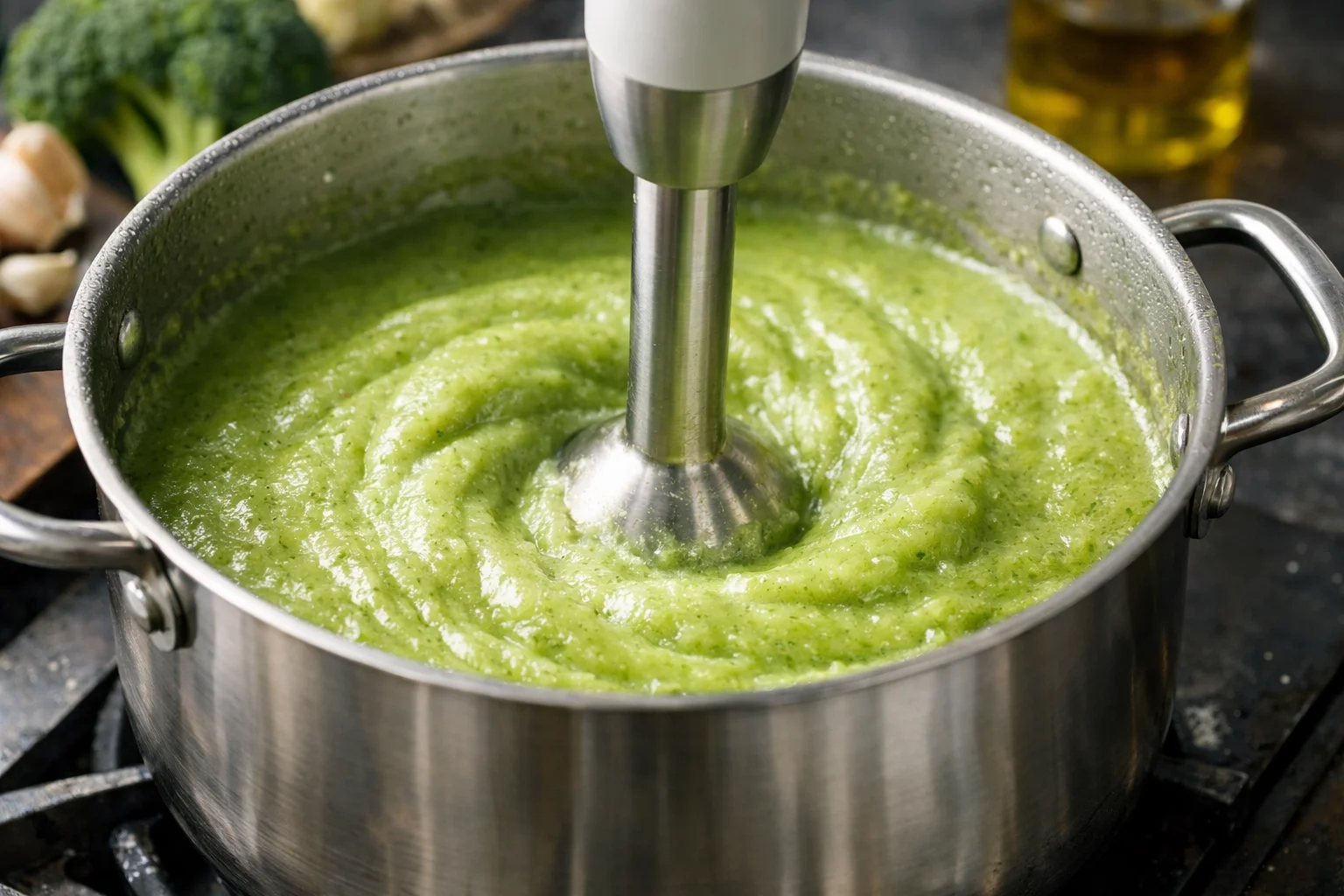 Mixeur plongeant en train de mixer le brocoli et le bouillon dans la casserole, velouté vert vif se formant autour du mixeur