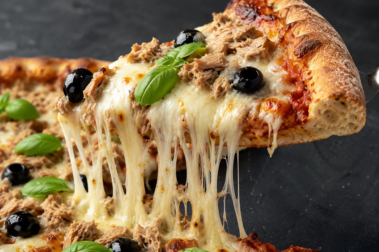 Gros plan sur une part de pizza protéinée au thon avec mozzarella filante, croûte dorée et croustillante, olives noires brillantes