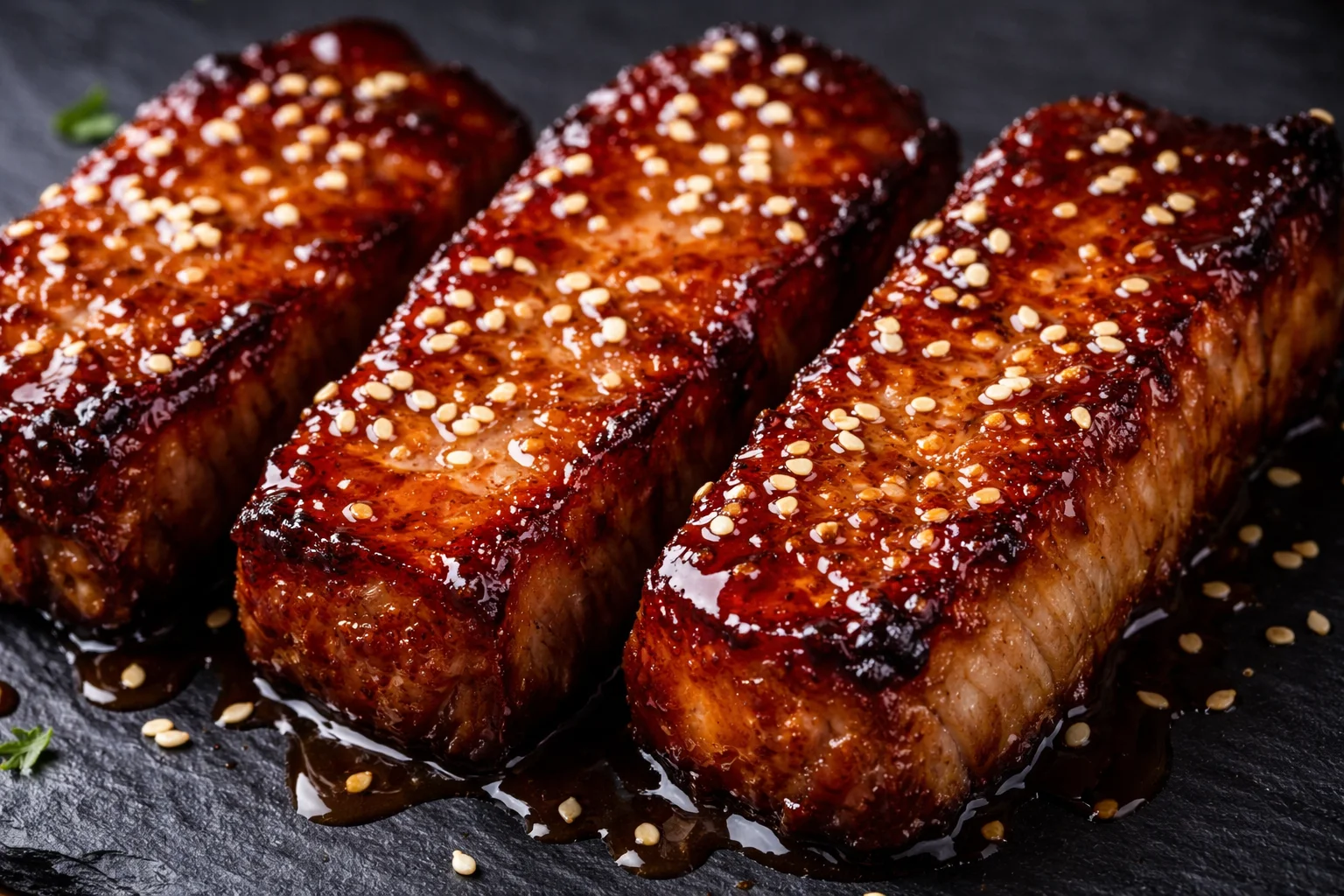 Gros plan sur des morceaux de porc caramélisé avec leur laque brillante sauce soja-miel et graines de sésame grillées en surface