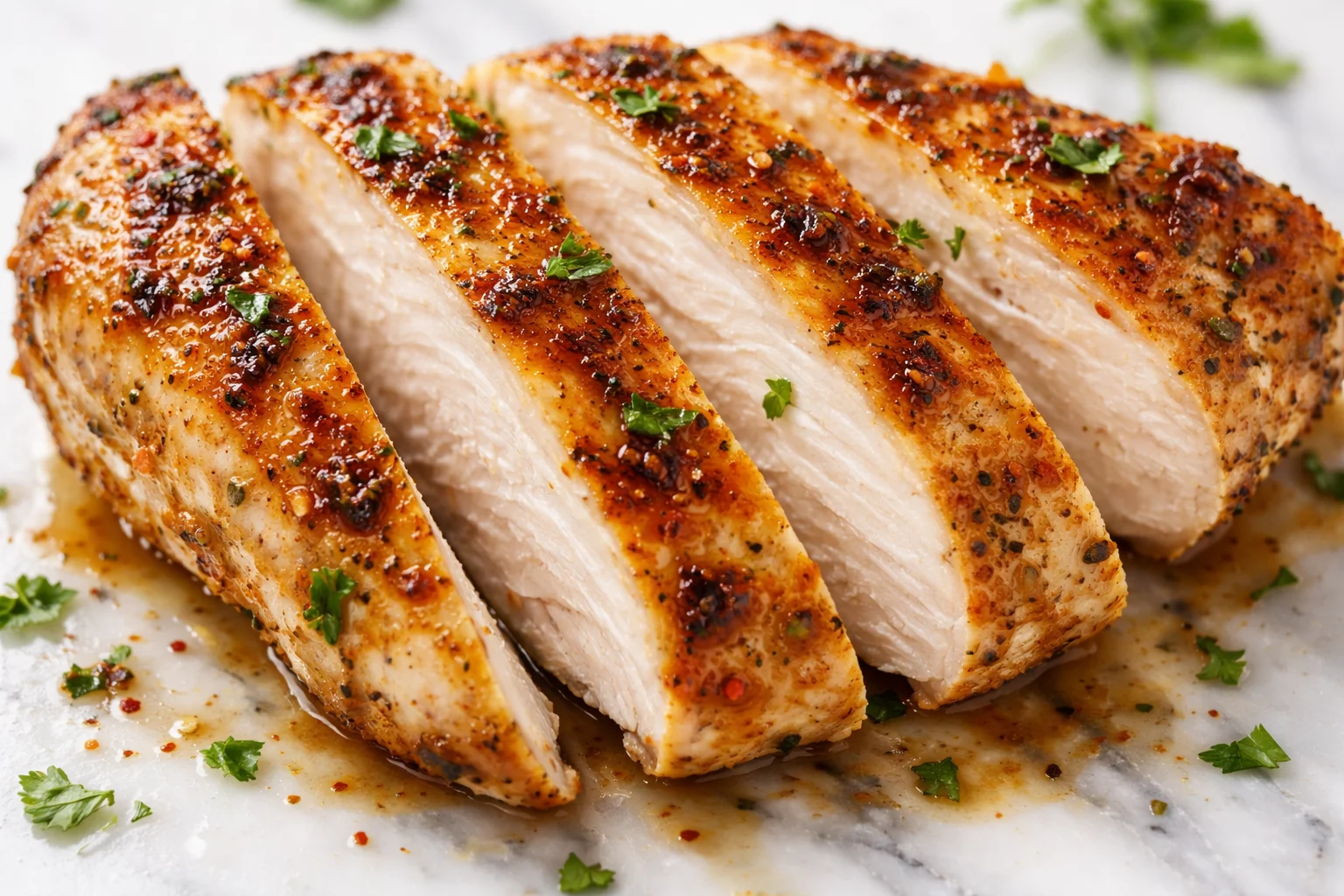 Gros plan sur la tranche d'un blanc de poulet grillé révélant sa chair juteuse et blanche avec croûte dorée aux herbes visible