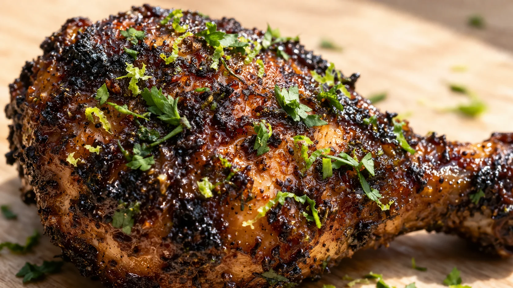 Gros plan sur la croûte épicée et caramélisée d'un pilon de poulet jerk jamaïcain avec herbes fraîches