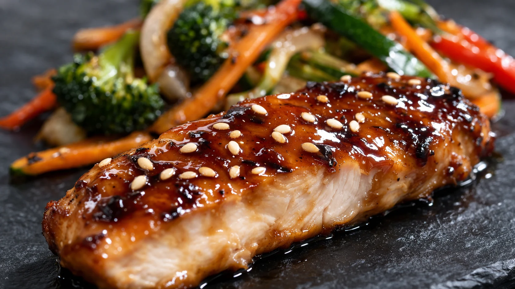 Gros plan sur des lamelles de poulet teriyaki brillantes et caramélisées avec légumes sautés croquants