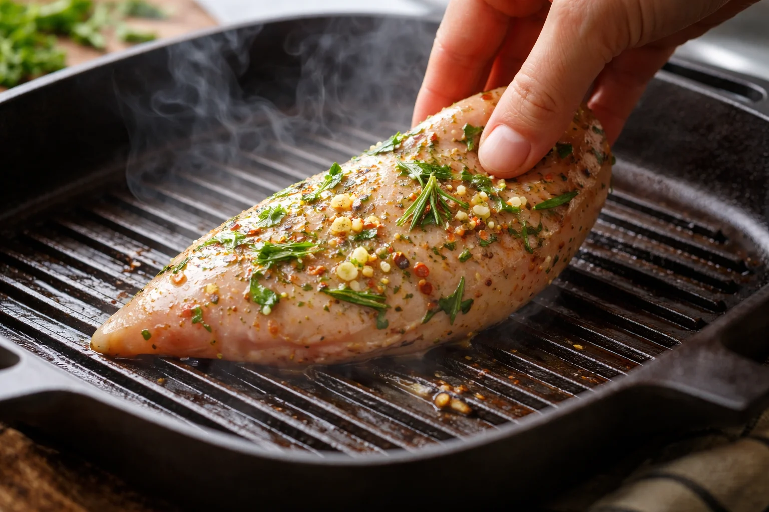 Blanc de poulet mariné posé sur une planche avec herbes visibles en surface, poêle grill en fonte fumante visible en arrière-plan