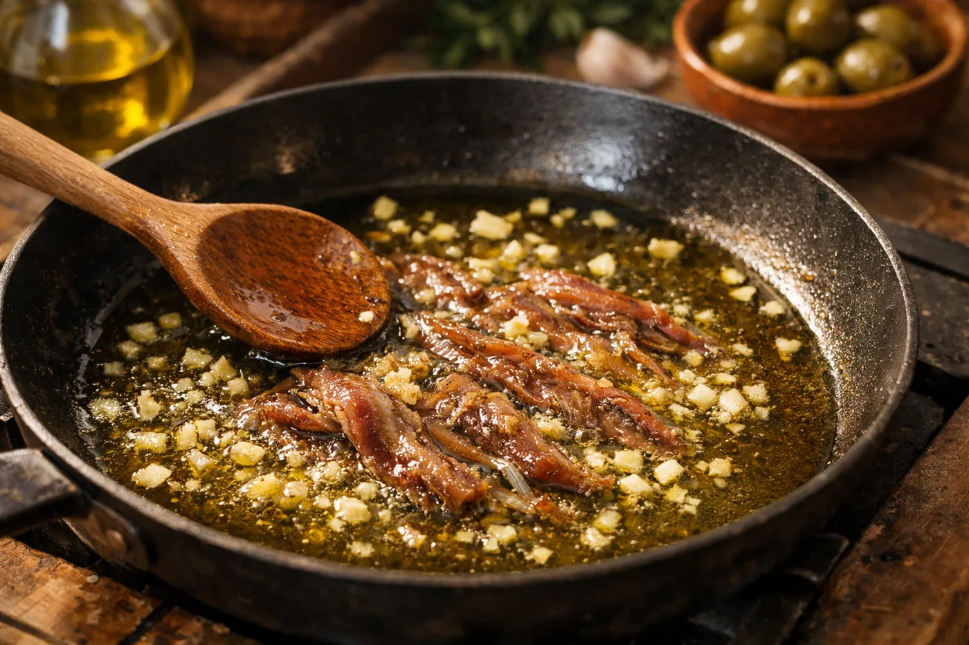 Ail et anchois revenant dans l'huile d'olive