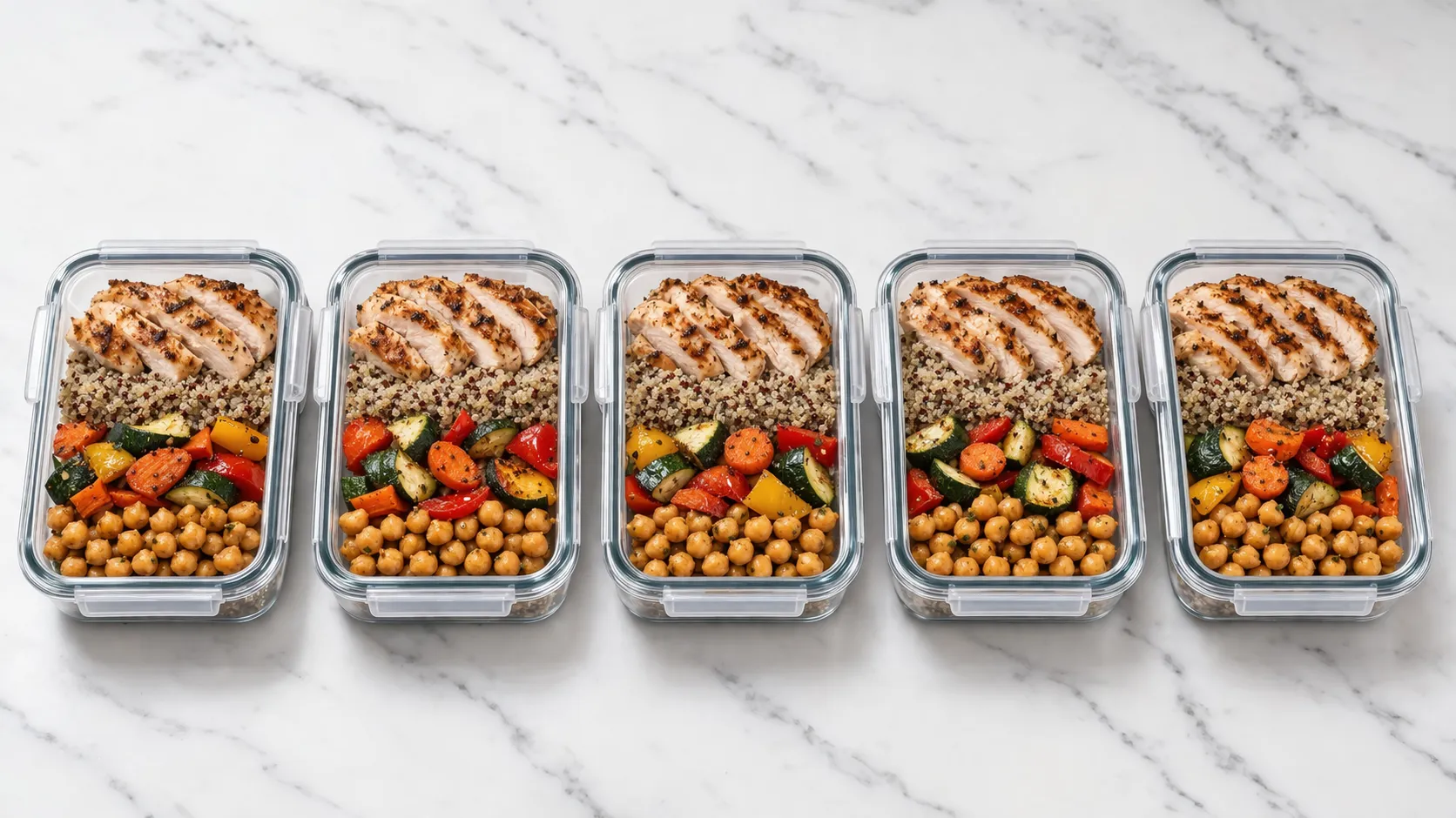 Préparation de repas protéinés pour la semaine : plusieurs contenants alignés avec du poulet grillé, du quinoa cuit, des pois chiches et des légumes rôtis sur un plan de travail