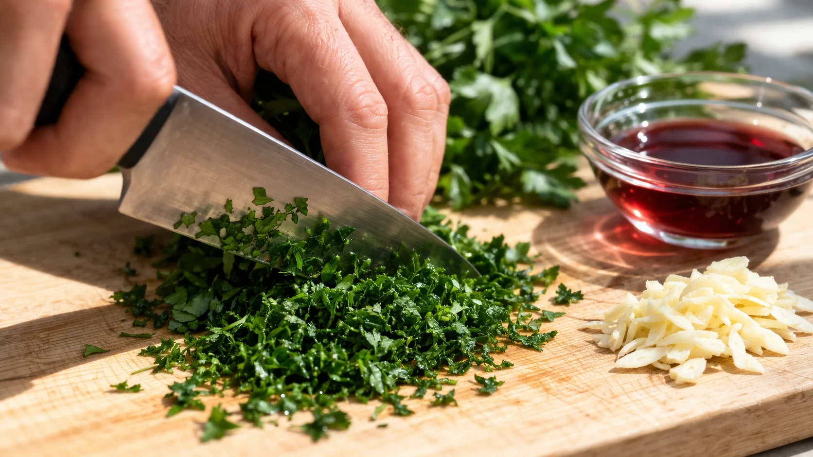 Persil plat haché finement au couteau sur planche à découper en bois, ail émincé et vinaigre rouge à côté, sauce chimichurri en cours de préparation
