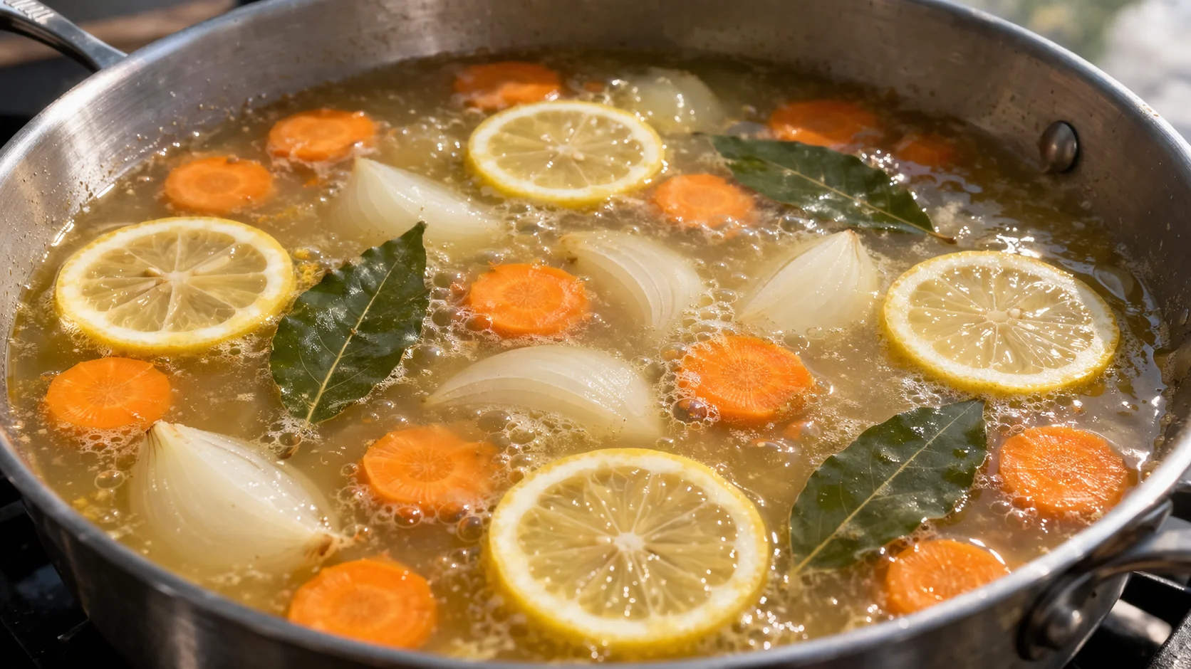 Court-bouillon frémissant dans une sauteuse, rondelles de carotte, quartiers d'oignon, laurier et rondelles de citron visibles dans le liquide doré