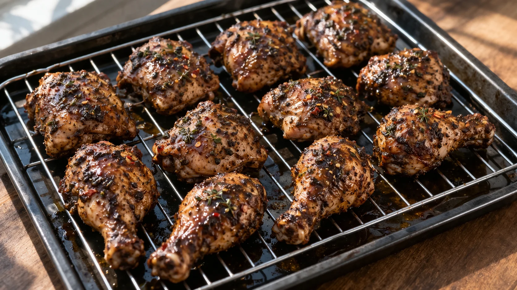 Morceaux de poulet marinés disposés sur une grille de four au-dessus d'une lèchefrite, prêts à enfourner
