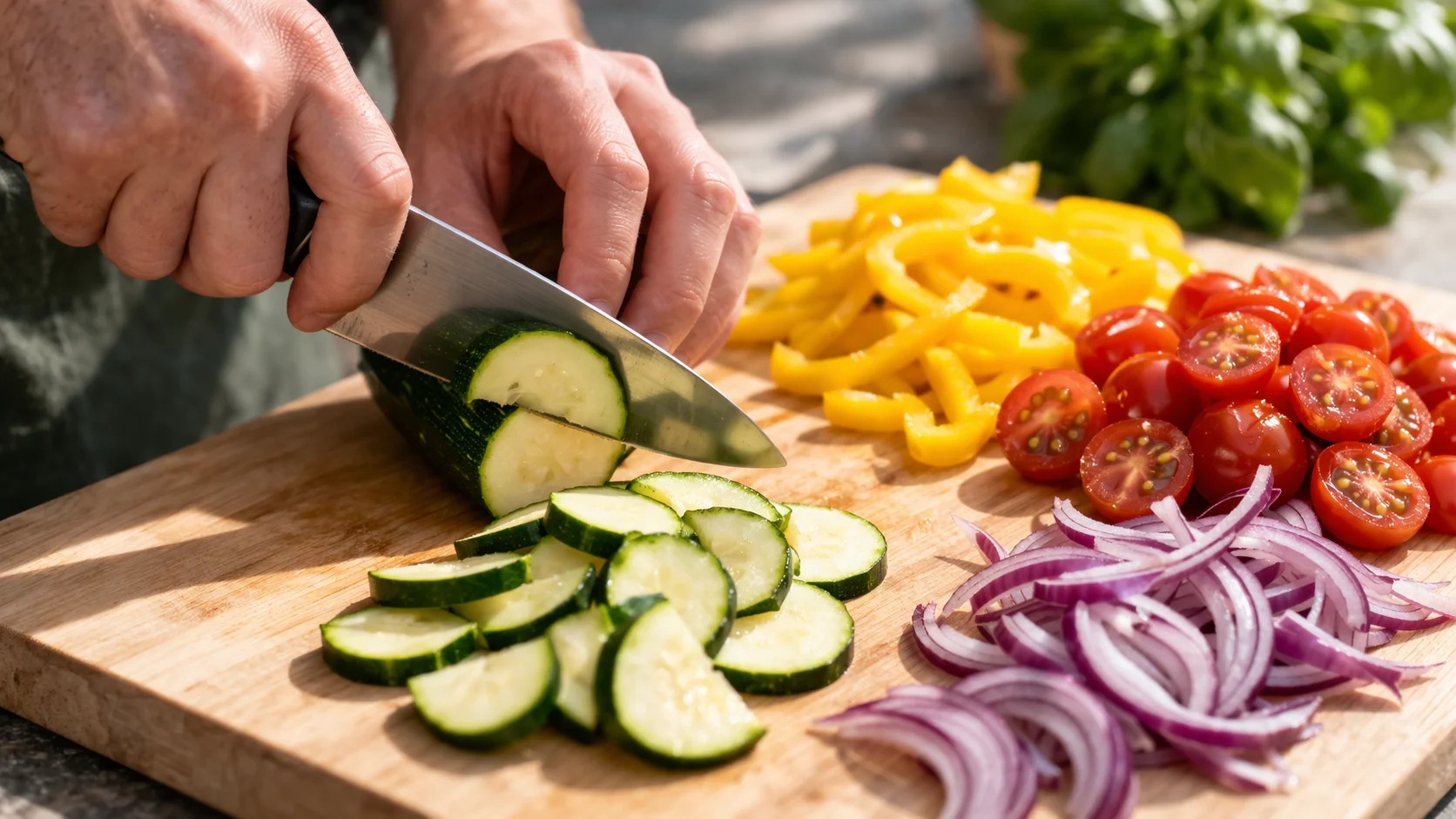 Légumes colorés en cours d'émincage sur une planche en bois clair : courgette, poivron jaune, tomates cerises et oignon rouge