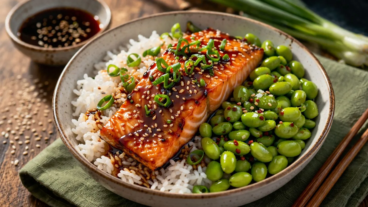 Saumon teriyaki avec edamame et riz