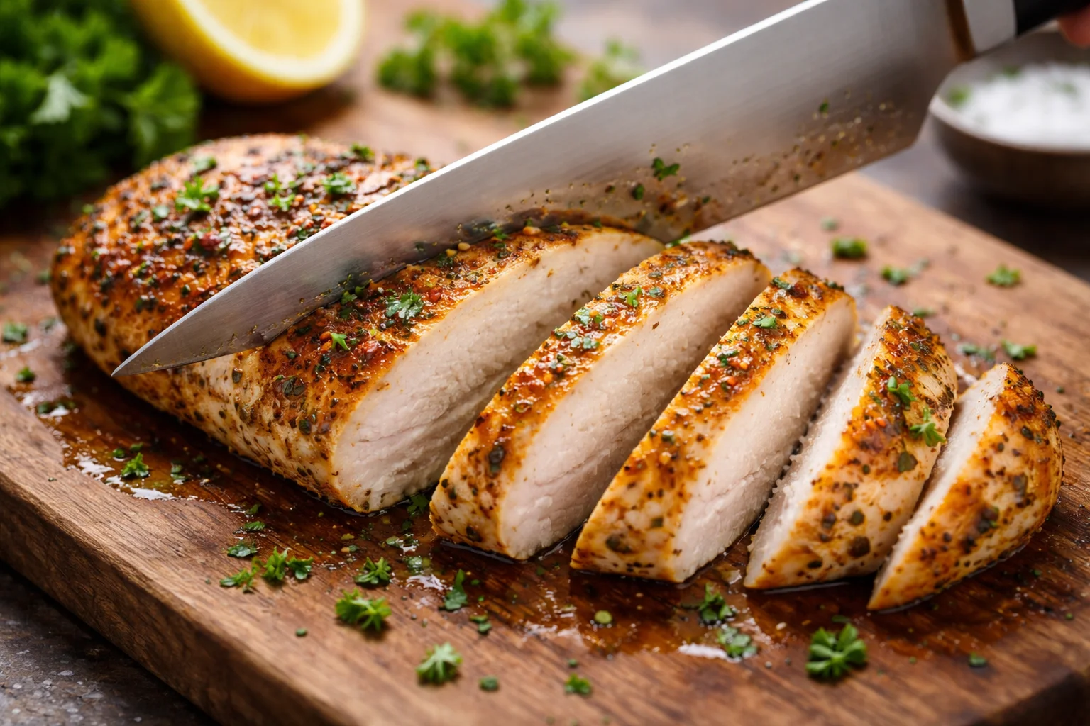 Couteau tranchant un blanc de poulet grillé en biais sur une planche en bois, chair blanche et juteuse visible, herbes parsemées