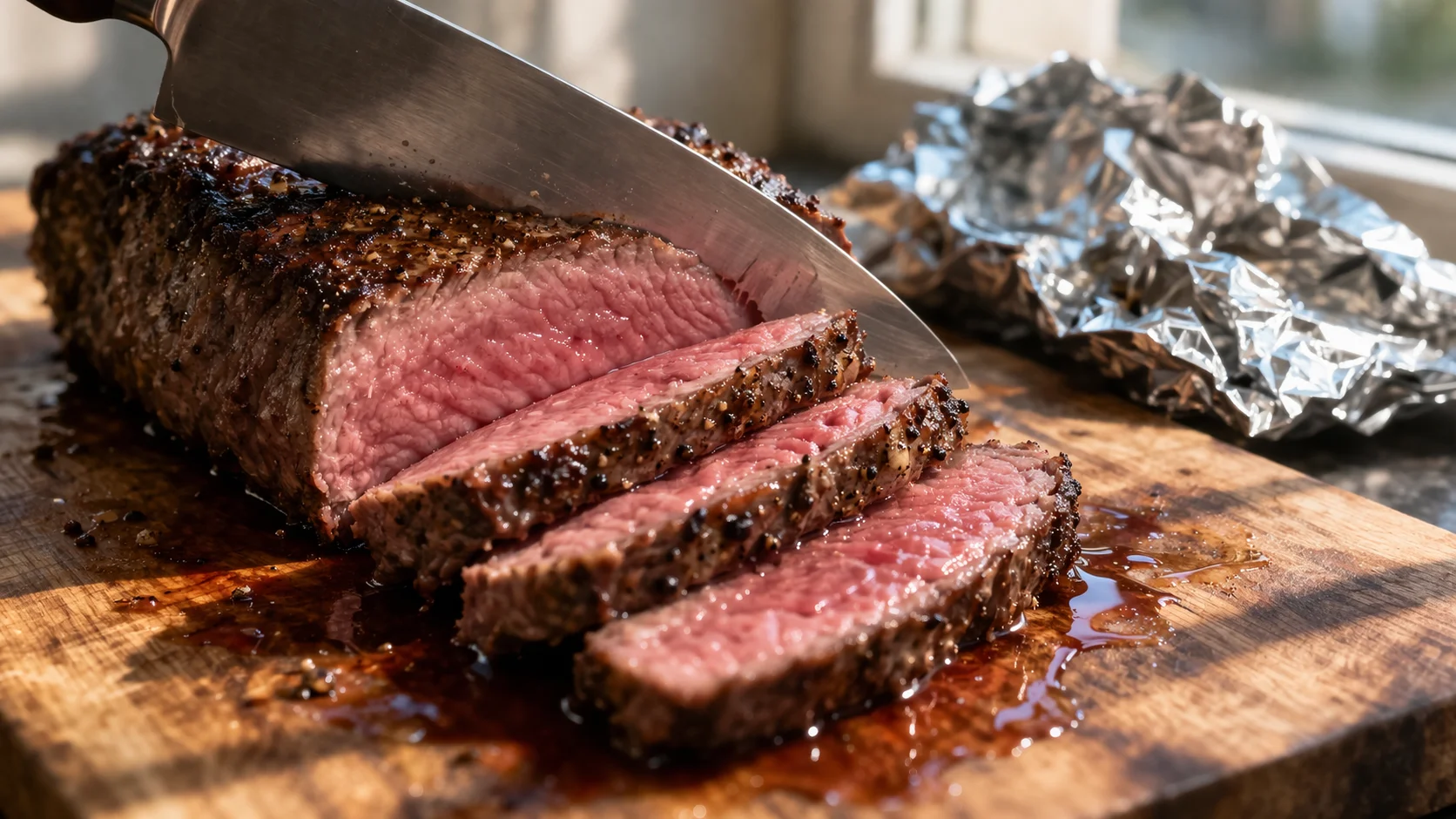Steak grillé reposant sous papier aluminium sur planche en bois, puis tranché contre le fil en belles tranches rosées révélant le cœur juteux