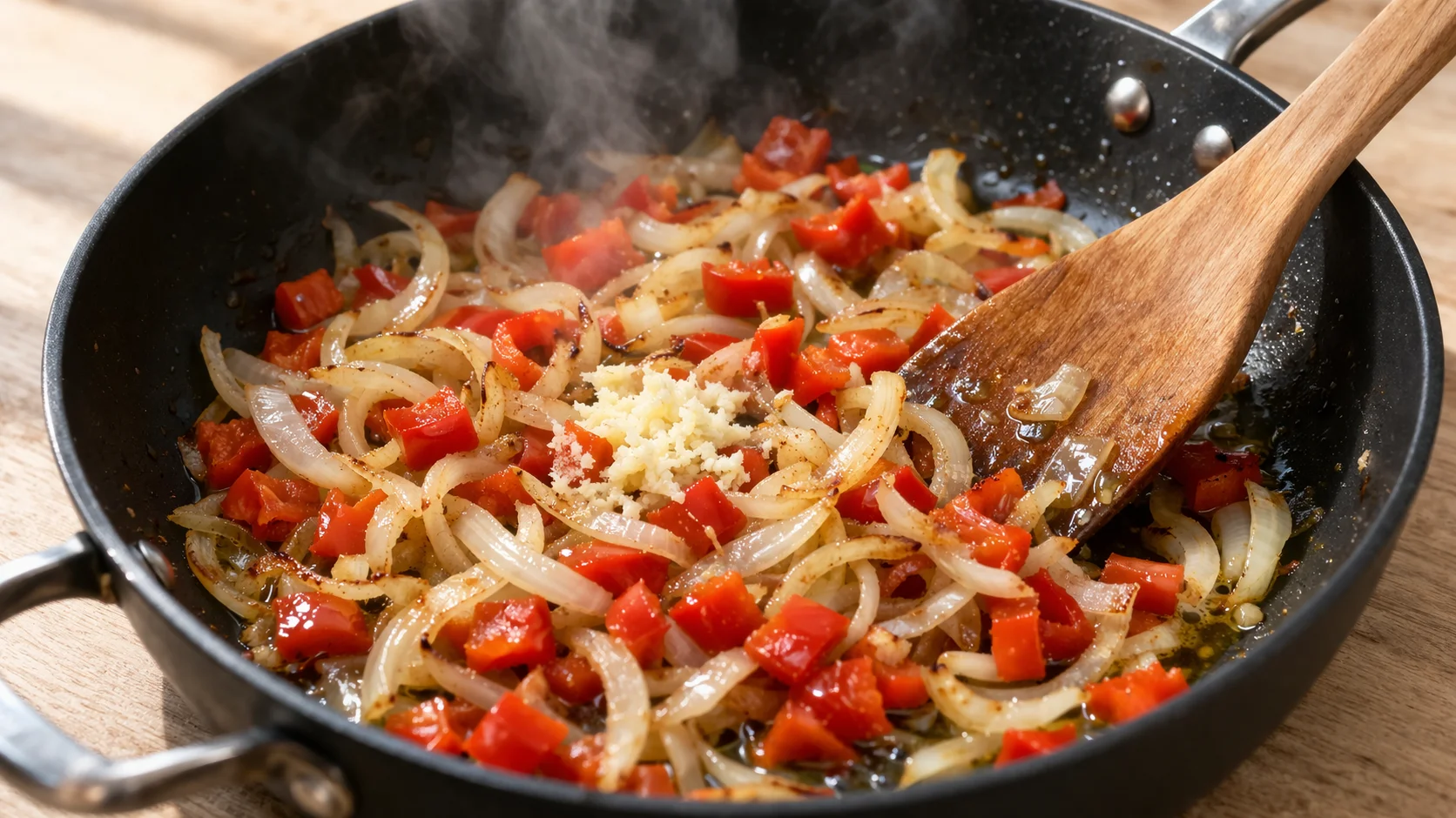 Oignon émincé et dés de poivron rouge en train de revenir dans une sauteuse, ail râpé ajouté, spatule en bois remuant les aromates dorés