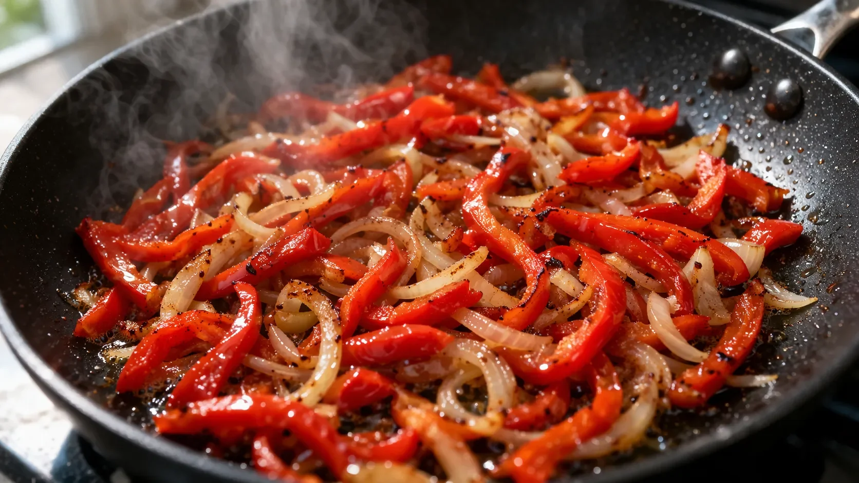 Poivrons rouges et oignons émincés en train de revenir dans une poêle chaude avec un filet d'huile