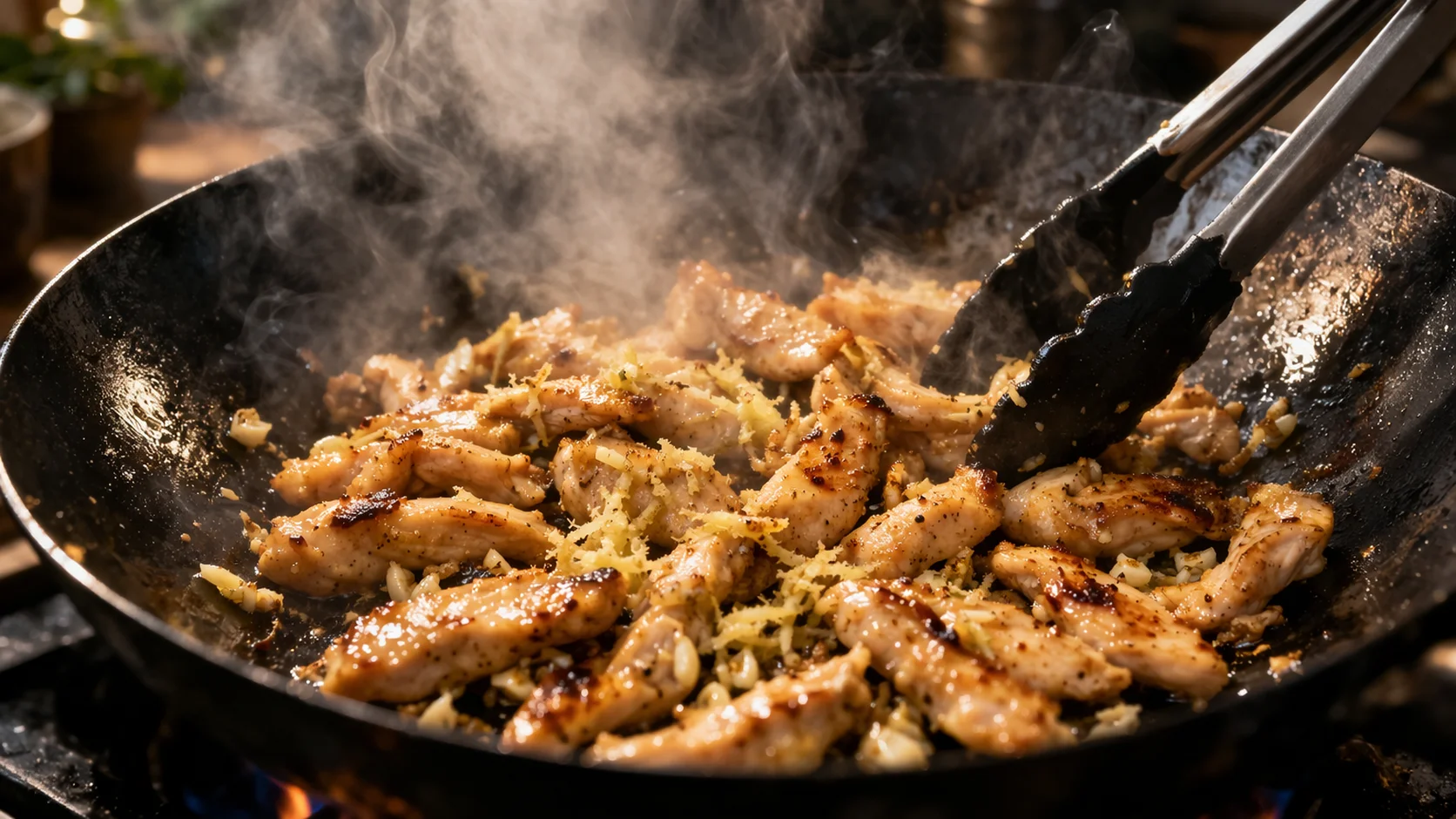 Lamelles de poulet en train de dorer dans un wok fumant sur feu vif, avec ail et gingembre visibles, lumière chaude de la cuisson