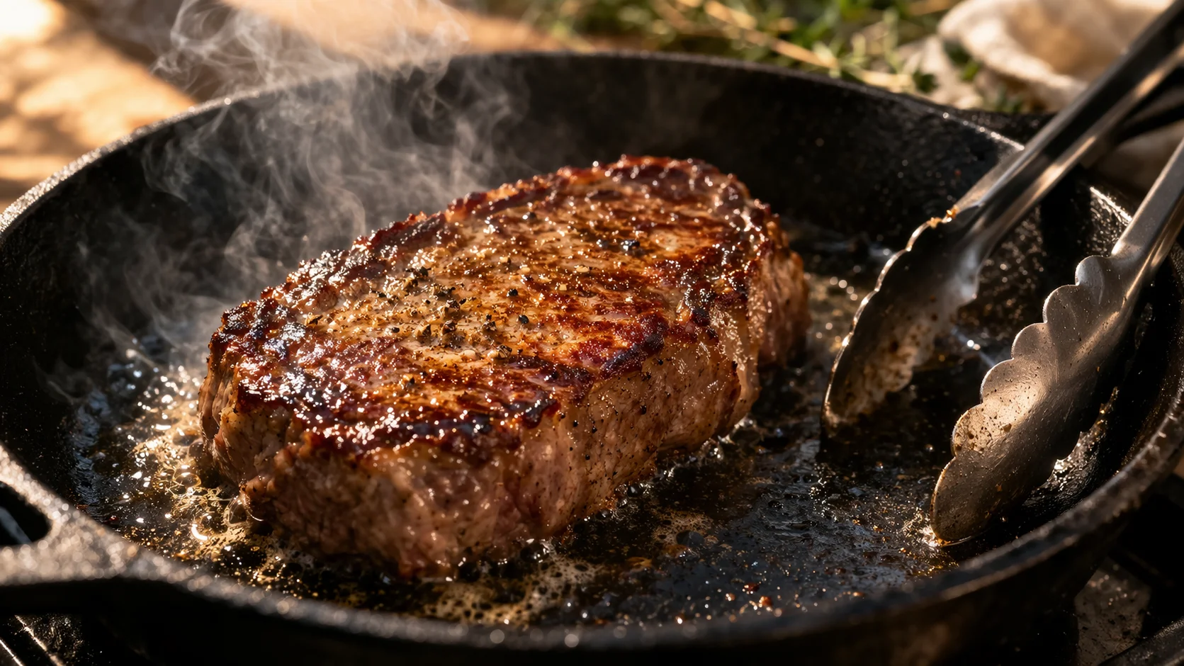 Steak de rumsteck en train de saisir dans une poêle en fonte très chaude, belle croûte dorée caramélisée visible, légère fumée, pince à côté
