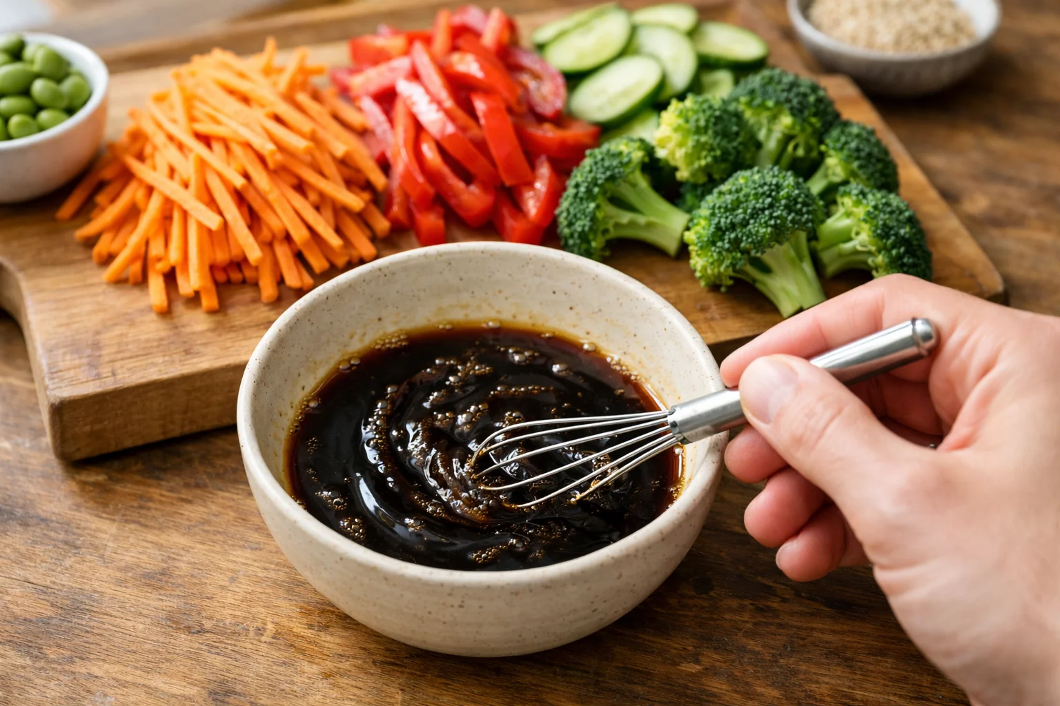 Bol de sauce soja-sésame en cours de mélange avec un fouet, légumes colorés coupés et rangés sur une planche à côté