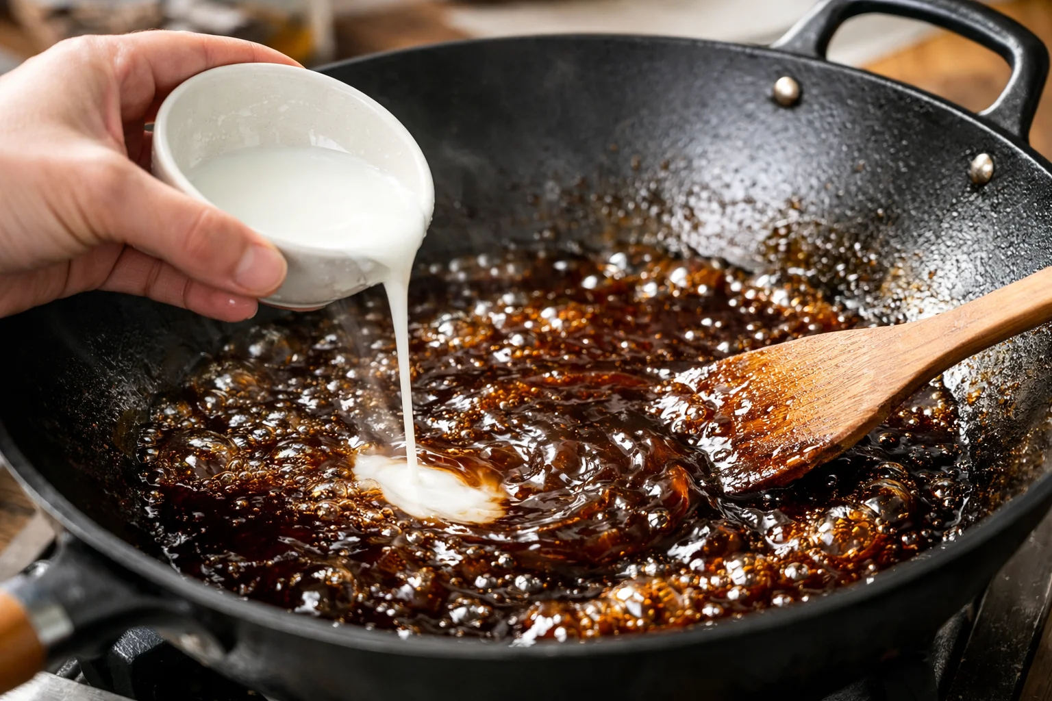 Main versant la fécule délayée dans la sauce soja-miel bouillonnante du wok, sauce brillante qui épaissit visiblement