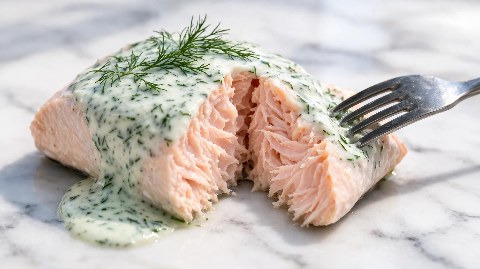 Gros plan sur la chair nacrée du saumon poché tranchée, texture fondante visible, sauce yaourt verte à l'aneth au premier plan