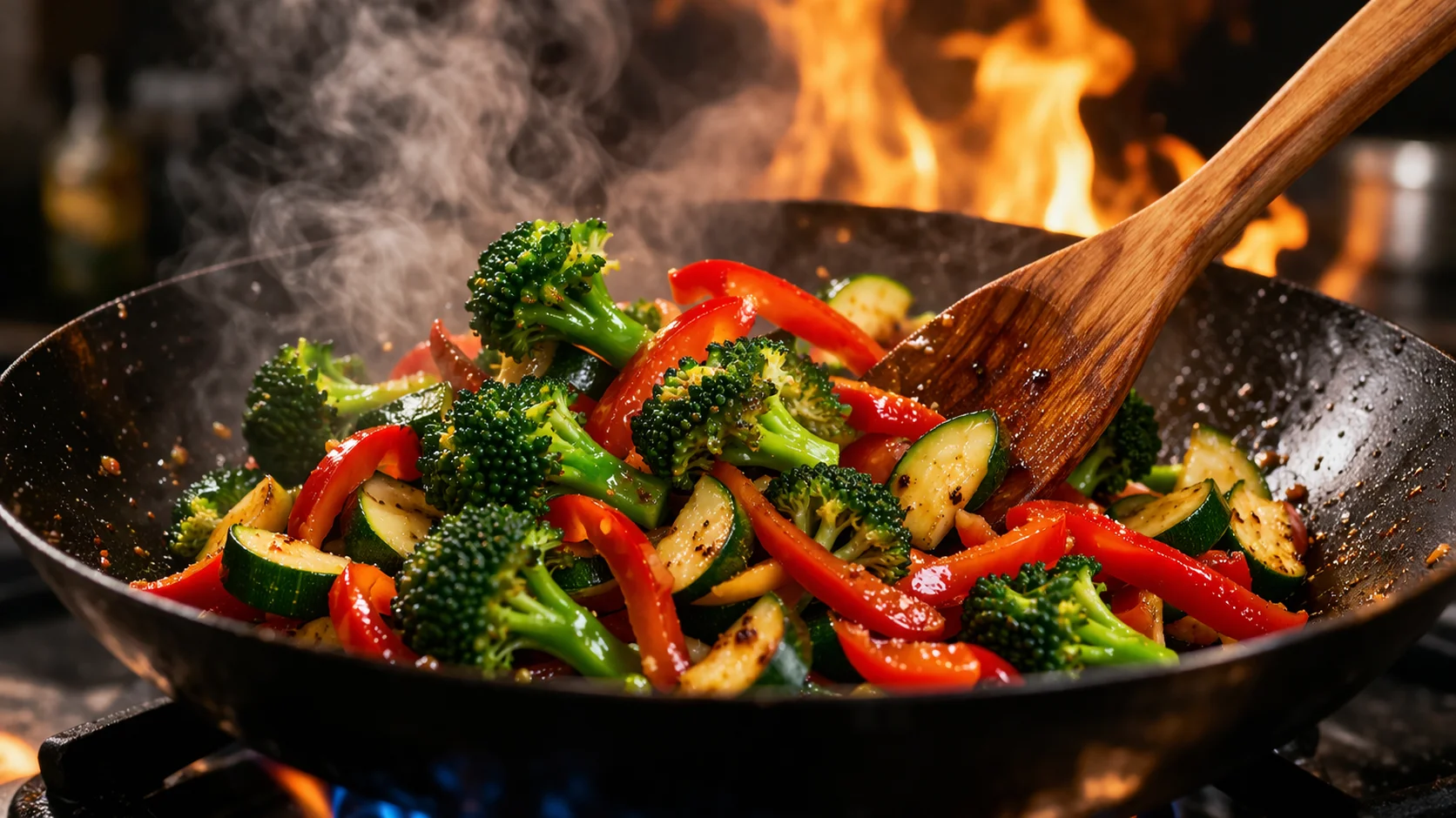 Légumes colorés, poivron rouge, brocoli et courgette, en train de sauter dans le wok avec des flammes visibles en arrière-plan