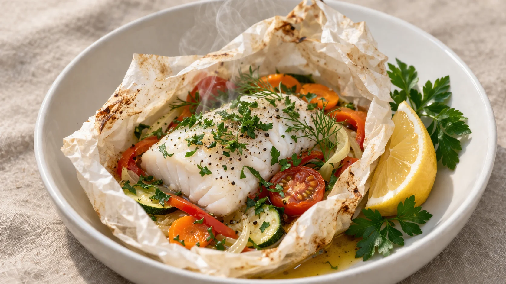 Papillote de cabillaud aux légumes ouverte dans une assiette creuse en céramique blanche, jus de cuisson doré et herbes fraîches visibles