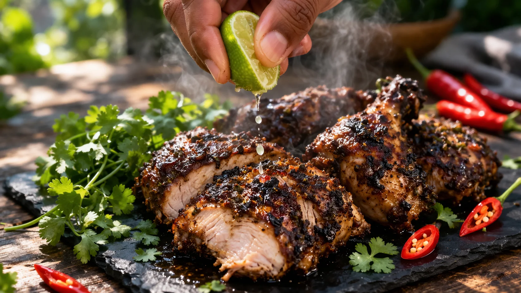 Poulet jerk jamaïcain servi sur une ardoise avec quartiers de citron vert, coriandre fraîche et piments rouges en décoration