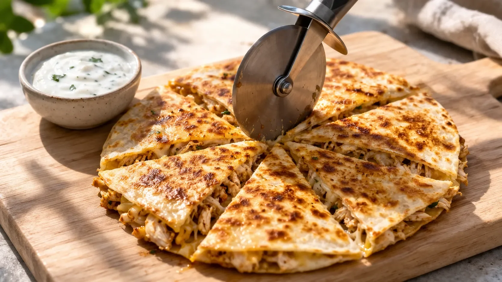 Quesadilla protéinée au poulet coupée en parts triangulaires sur une planche en bois clair, accompagnée d'une sauce yaourt