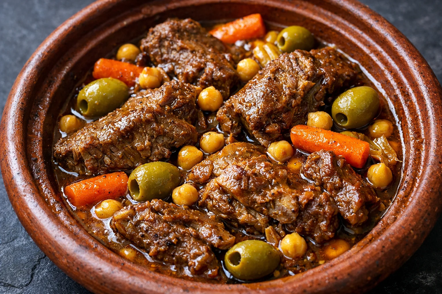 Gros plan sur les morceaux d'agneau fondants et les légumes colorés du tajine avec sauce ambrée et épices visibles