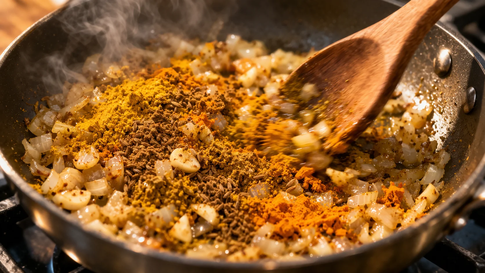 Épices curry, cumin et curcuma en train de toaster dans la sauteuse avec oignon et ail, couleur dorée et fumée aromatique légère visible
